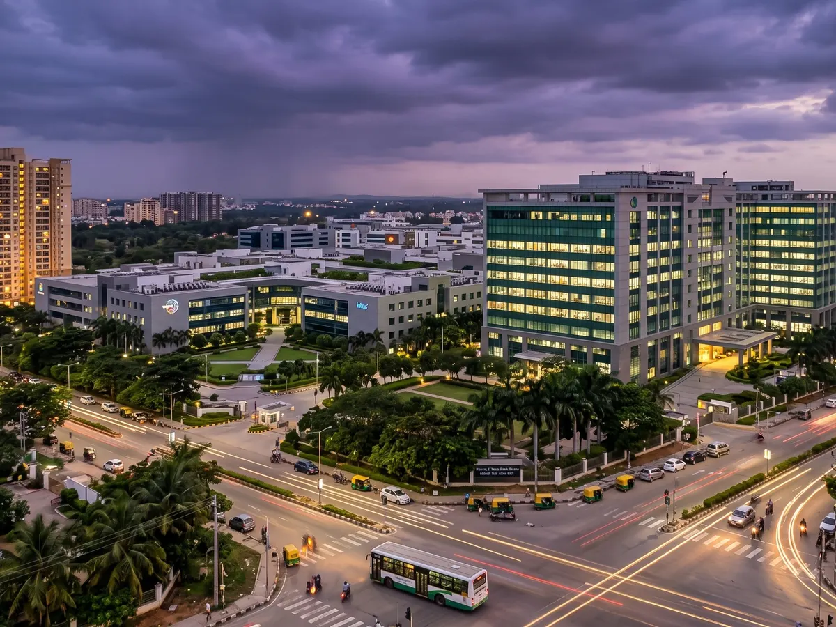 Aerial view of a Bengaluru IT park and tech campus in Electronic City served by PropSquare facility management