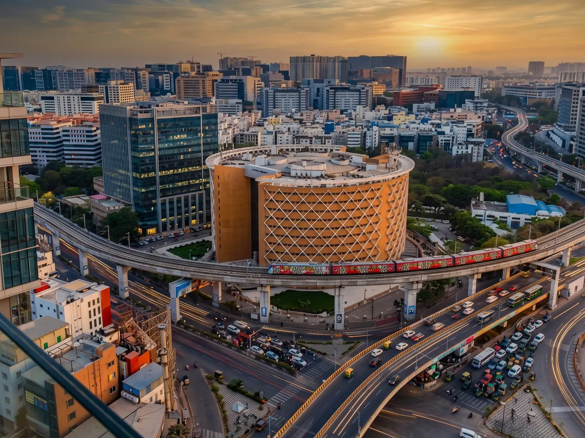 Aerial view of Hyderabad's HITEC City with the Cyber Towers, metro line and IT corridor served by PropSquare facility management