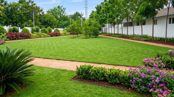 Community lawn after PropSquare garden maintenance in Hyderabad — dense green turf, shaped hedges and flowering beds