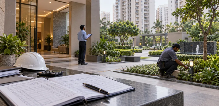 Facility manager with a clipboard checking an apartment lobby while a technician inspects garden lighting, with a maintenance register and calculator in front