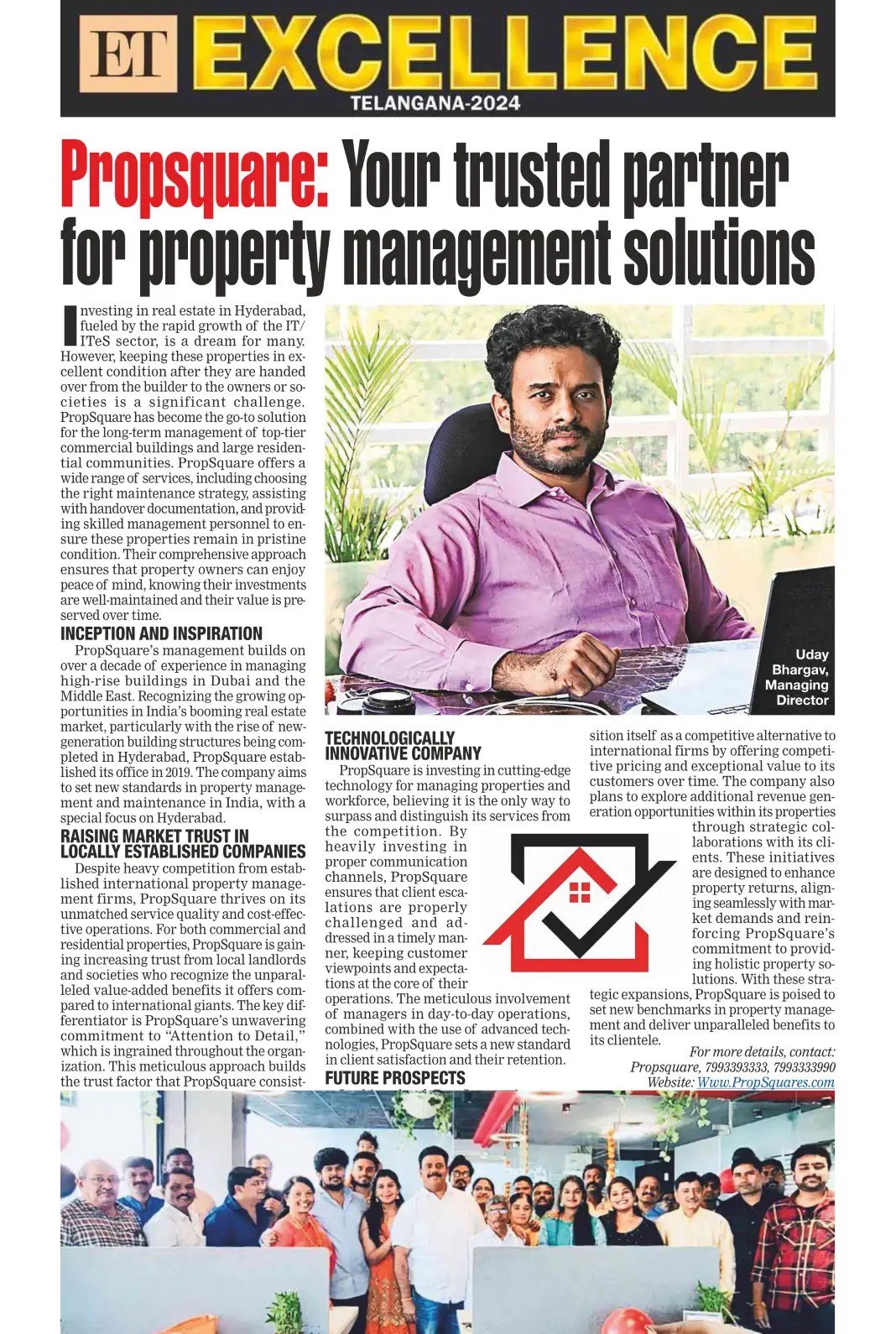 PropSquare featured in The Economic Times 2024 — ET Excellence Awards Telangana, recognised for property and facility management